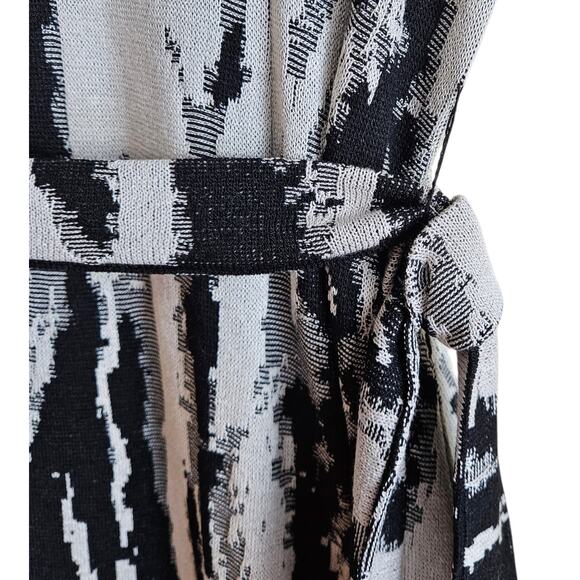 MISOOK Women's L Dress Midi Brushstroke Pattern Black Gray Tie Belt Knit Classic - Picture 6 of 9